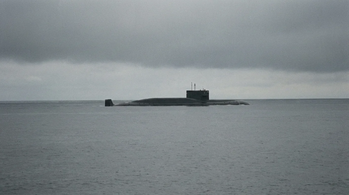 A ballistic missile submarine surfaced on a grey sea under an overcast sky