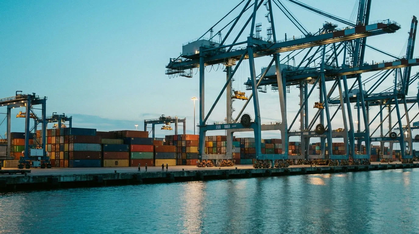 A large container port at dusk with cranes and stacked shipping containers, a few small figures on the quay