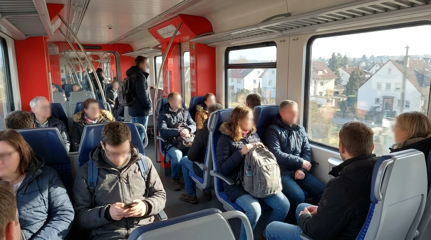 Menschen in einem modernen Regionalzug mit Blick auf eine Anzeigetafel im Bahnhof