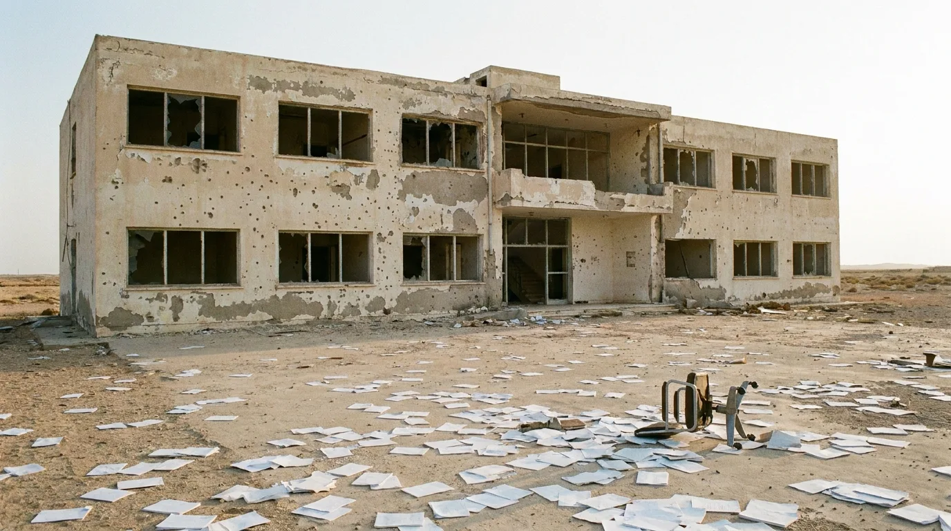 A damaged government office building with broken windows and scattered papers in an empty courtyard