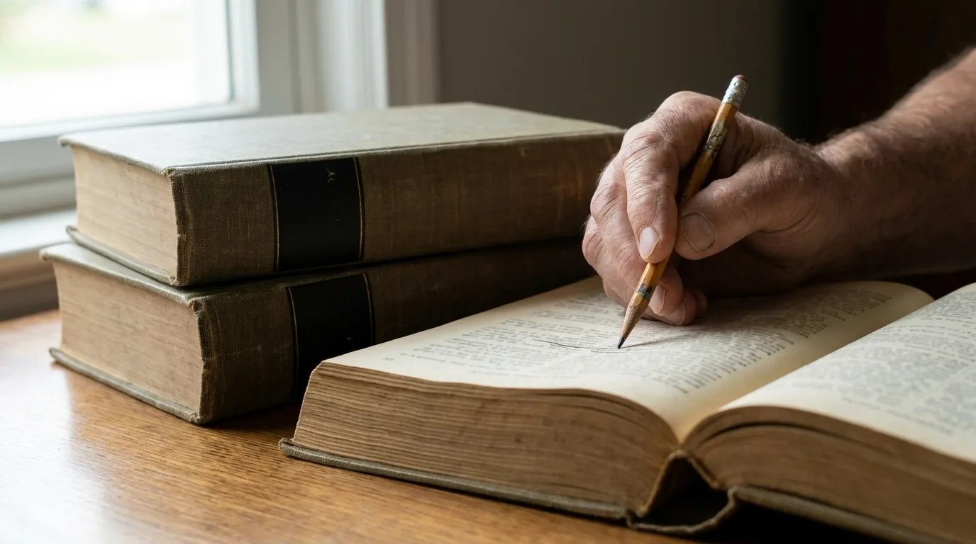 A hand marking a passage in a thick law book with a pencil, beside a stack of old dictionaries