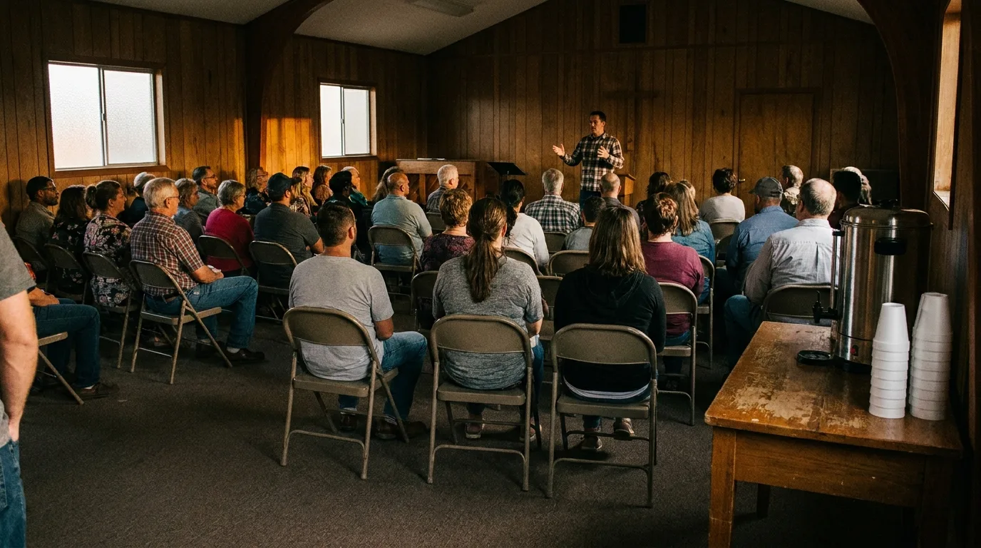 A neighborhood association meeting in a church hall with residents seated in rows