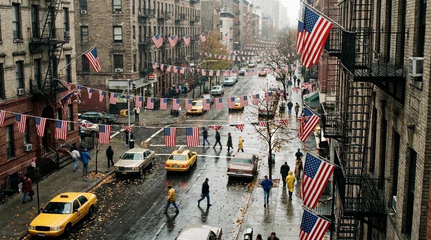 A rainy city street seen from above, lined with American flags between brick buildings