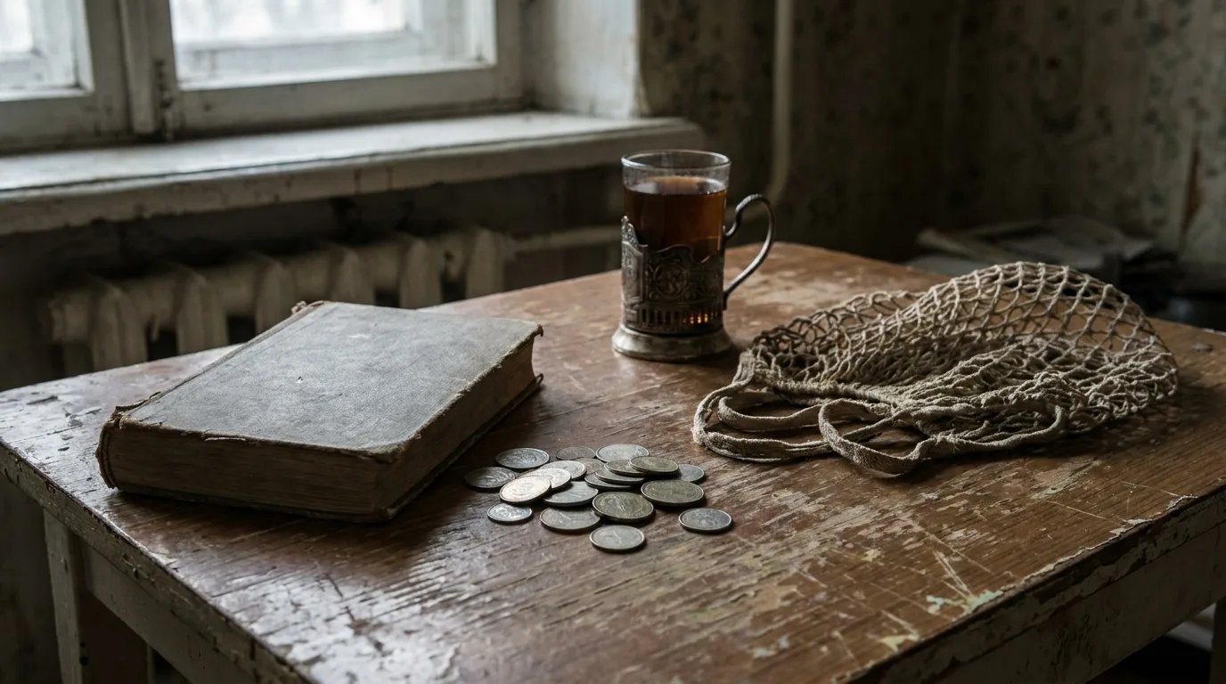 An old book, a few coins, a string shopping bag and a glass of tea on a worn kitchen table in a 1990s Russian flat