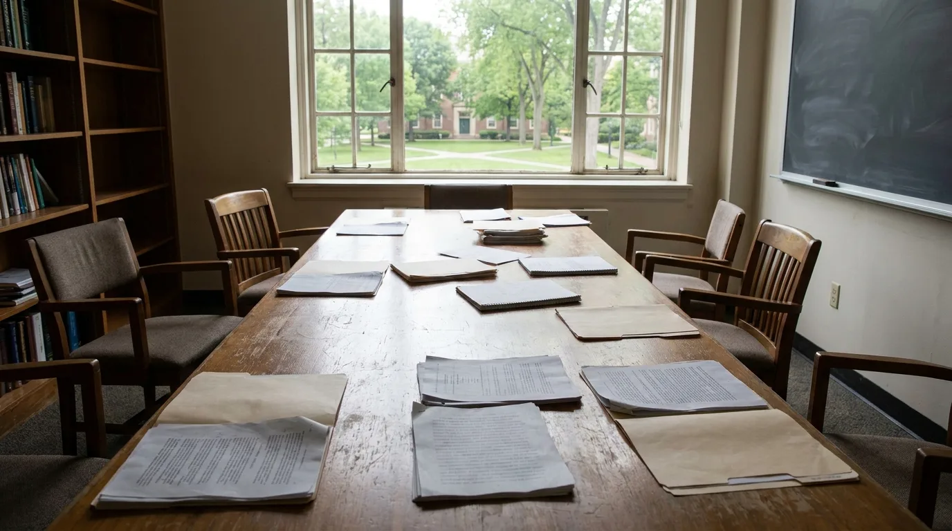 An empty university seminar room with a long wooden table, scattered research papers and a window looking onto a campus