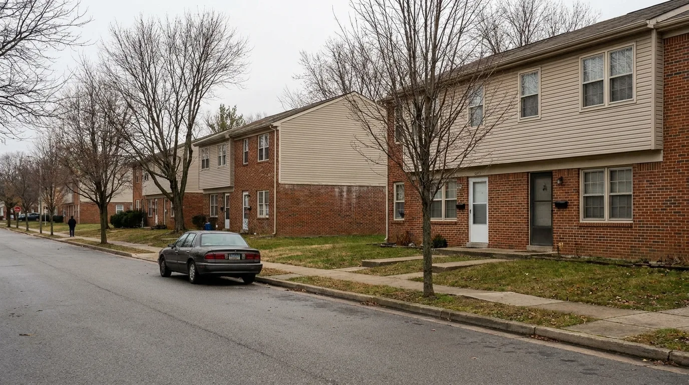 A row of modest townhouses on an American residential street on an overcast morning