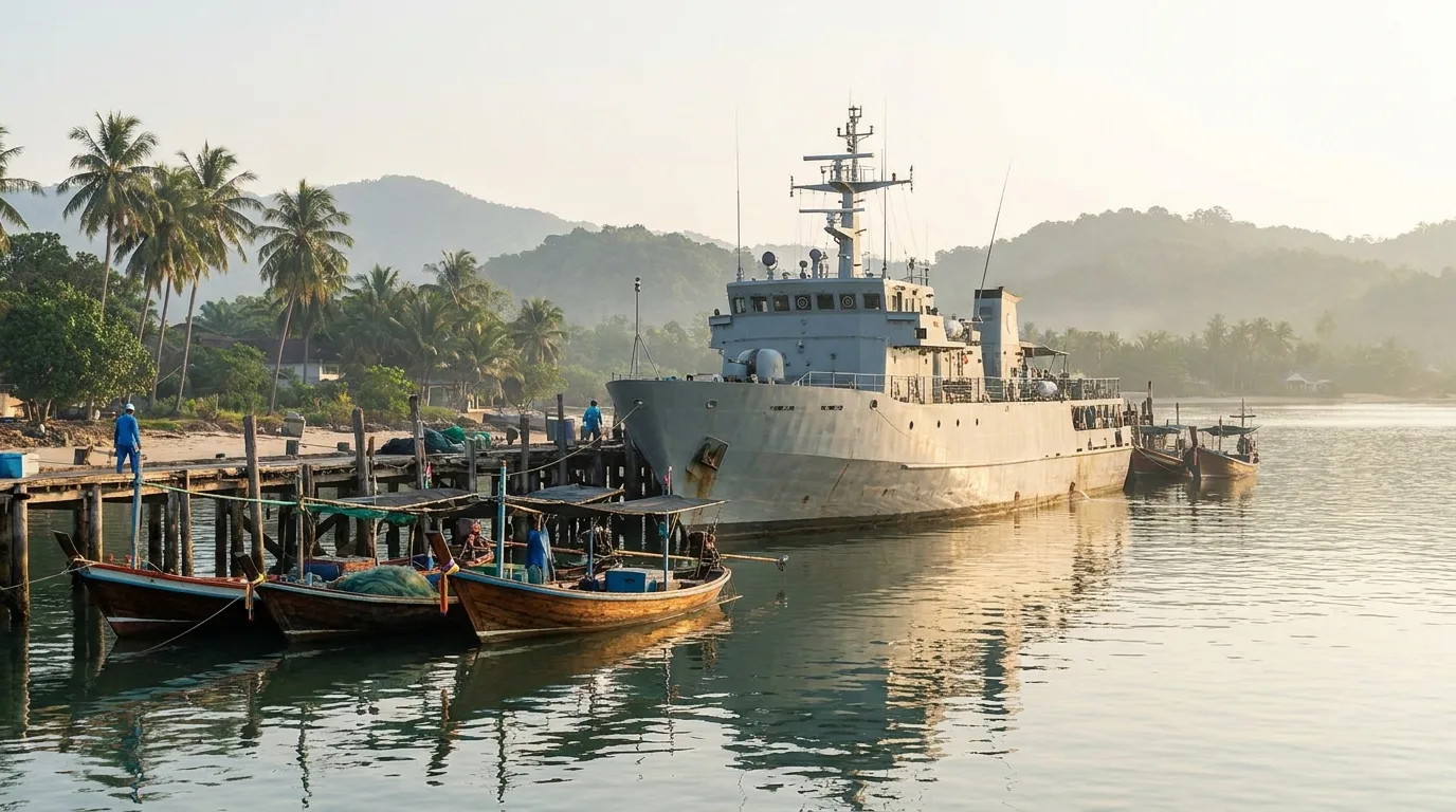 A quiet harbor in Southeast Asia with a grey naval patrol vessel moored beside fishing boats