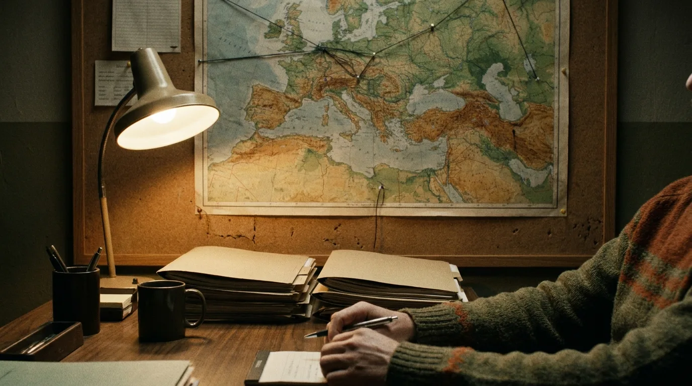 An analyst's desk with a lamp, folders and a large map of Europe and the Middle East pinned to a corkboard