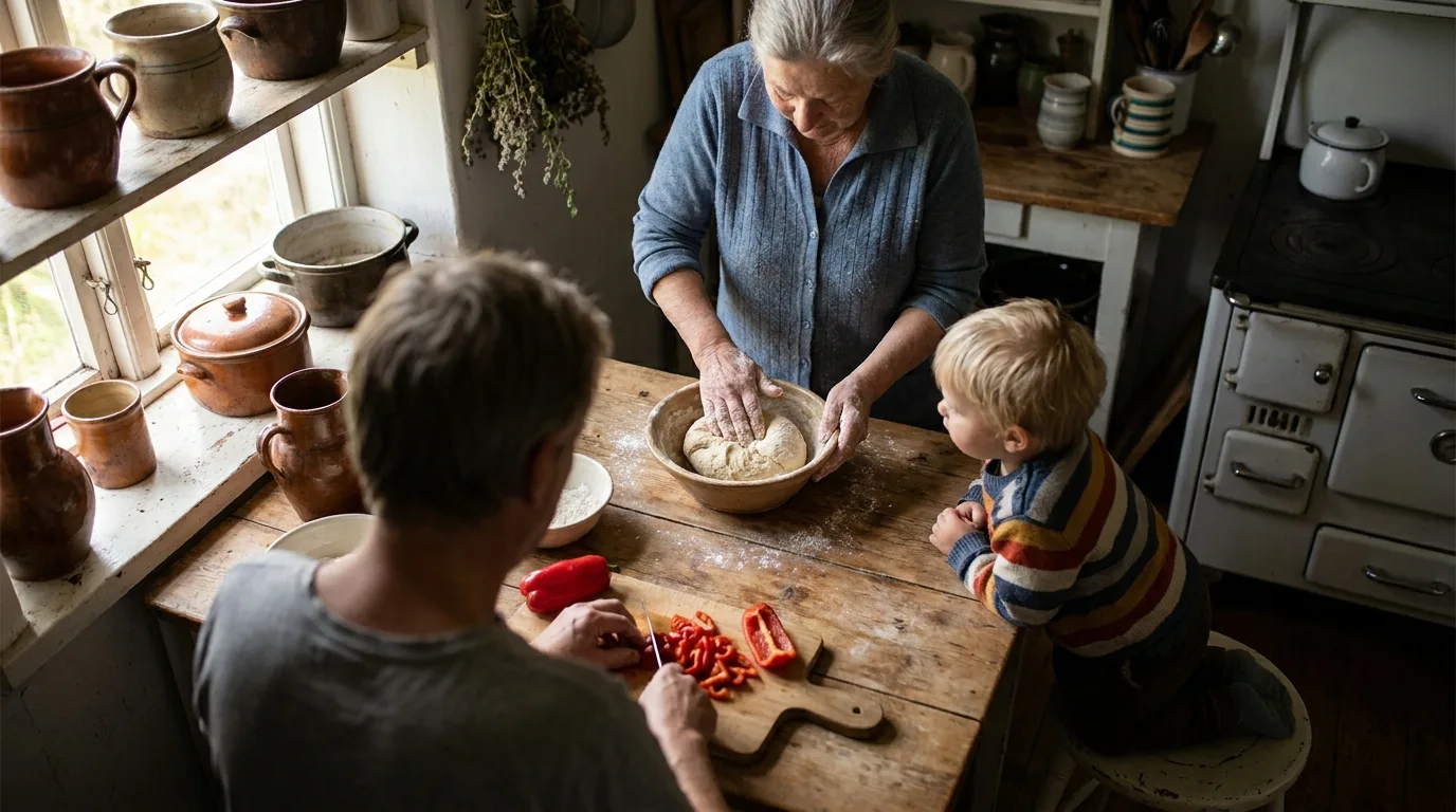 Three generations of a family preparing a meal together at a wooden kitchen table, seen from above