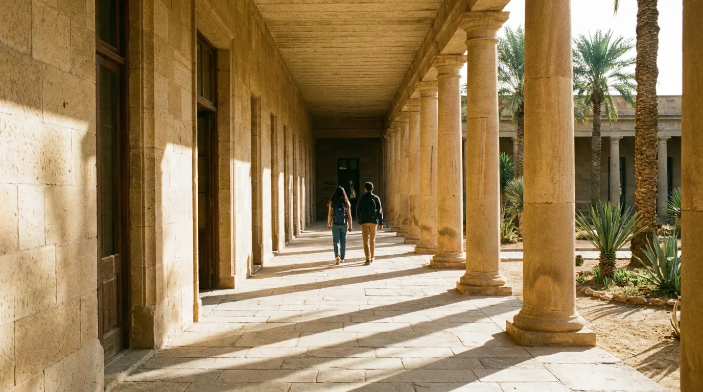 Two students walking along a sunlit stone colonnade of an old university building