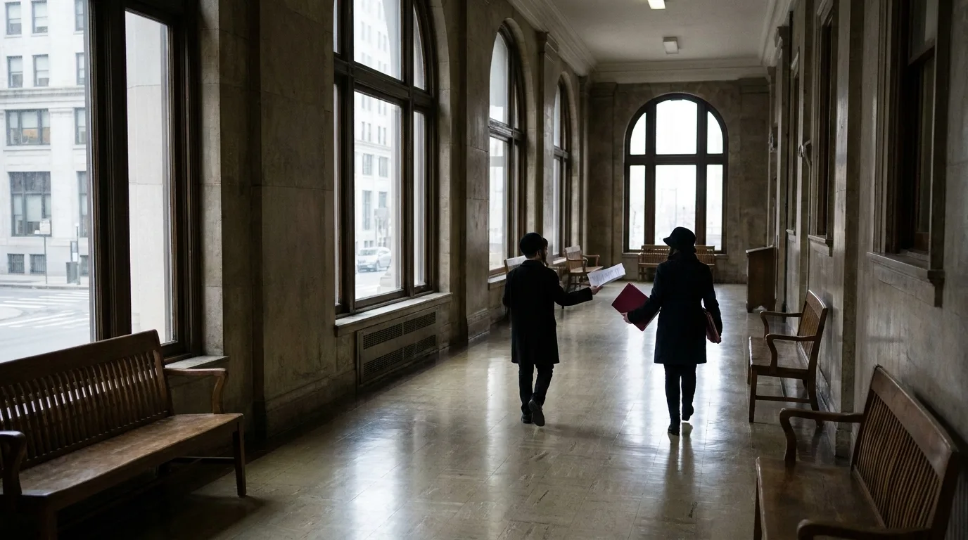 Two people seen from behind in a government building corridor, one handing a few printed pages to the other