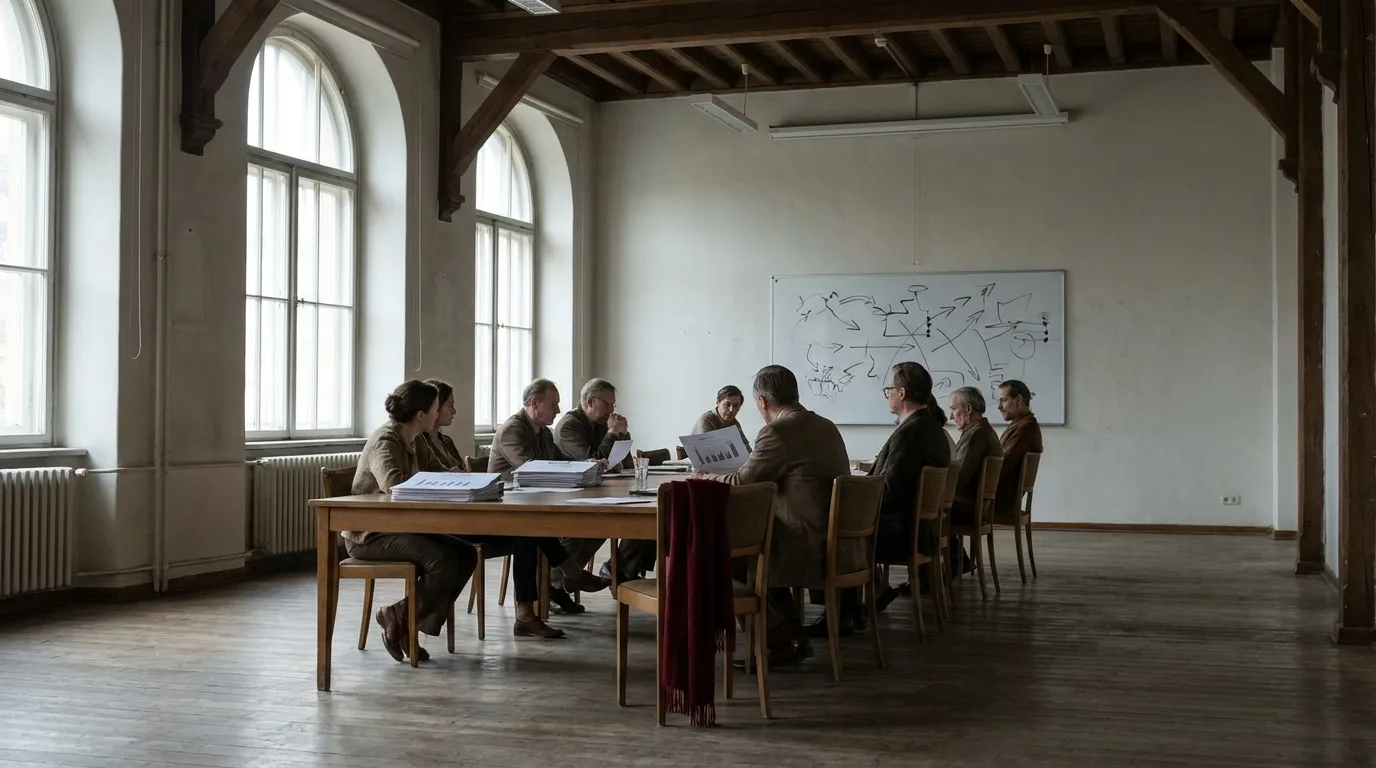 A team of policy researchers meeting around a long table with printed charts in a bright, high-ceilinged room