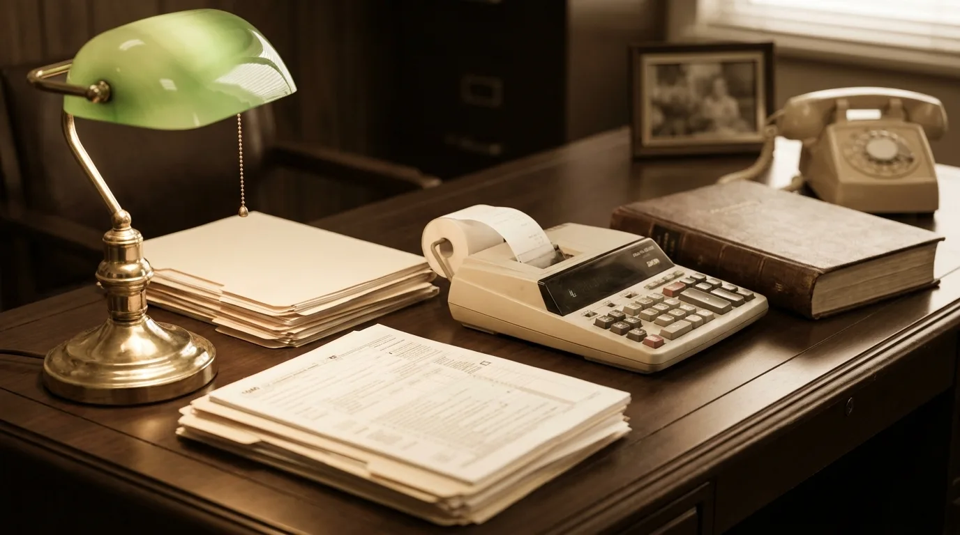 Office desk with stacks of tax forms, a calculator and a ledger book under a desk lamp