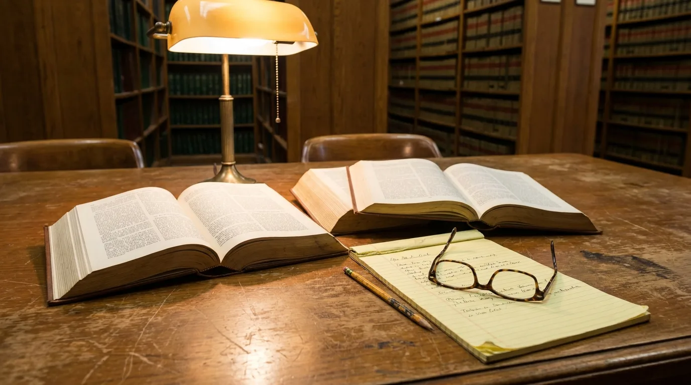A worn university library table with open law books, a legal pad and reading glasses