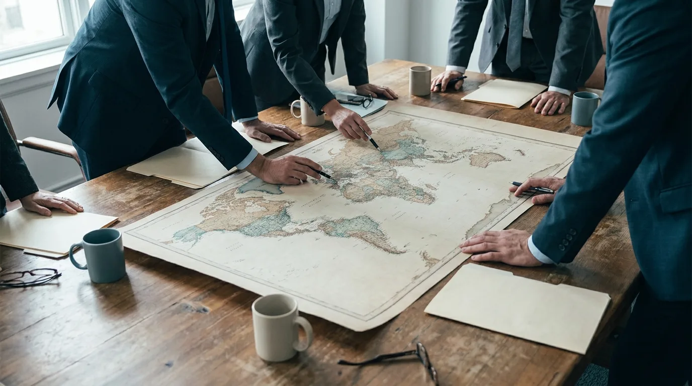 A small group of officials, faces not visible, studying a large world map spread on a table in a quiet meeting room