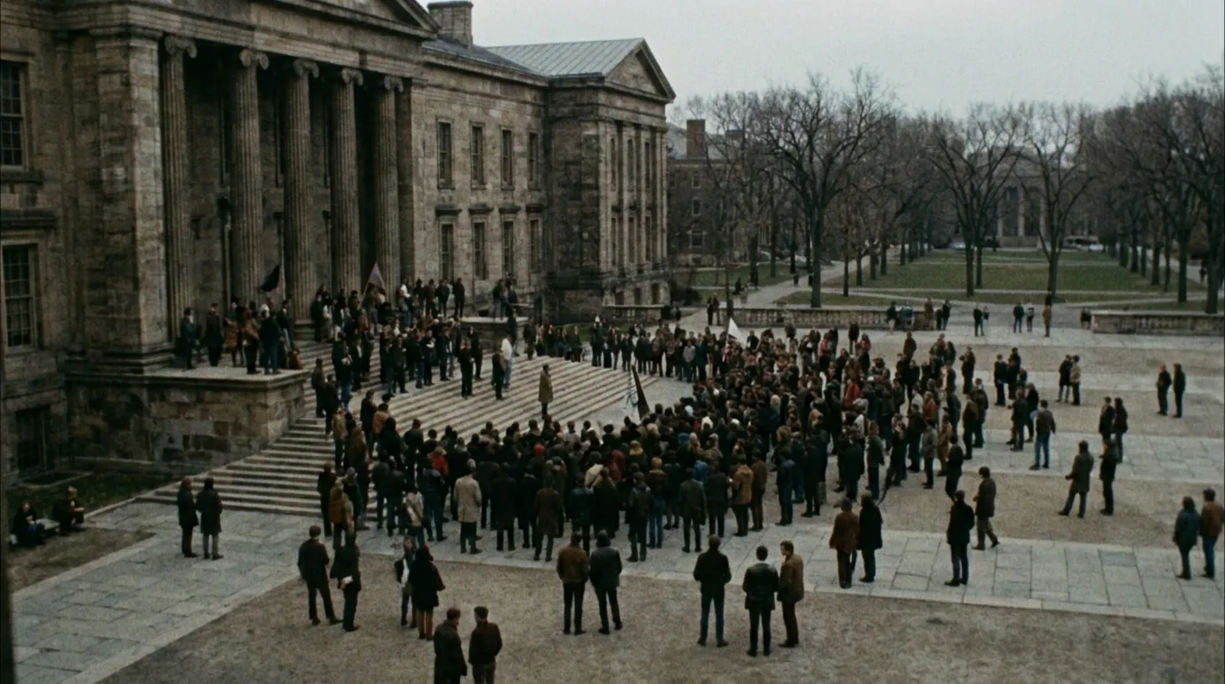 A crowded university courtyard during a late-1960s student protest, seen from a distance with small, unrecognizable figures
