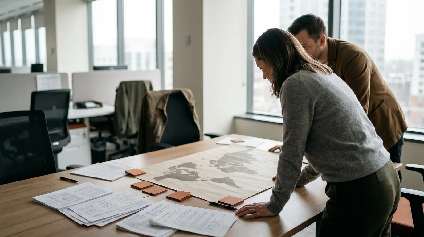 Two analysts leaning over a world map and printed reports on an office table