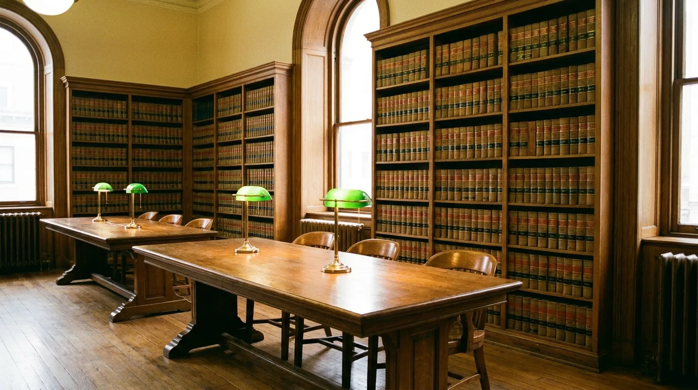 A law library reading room with long wooden tables, green lamps and shelves of bound case reporters