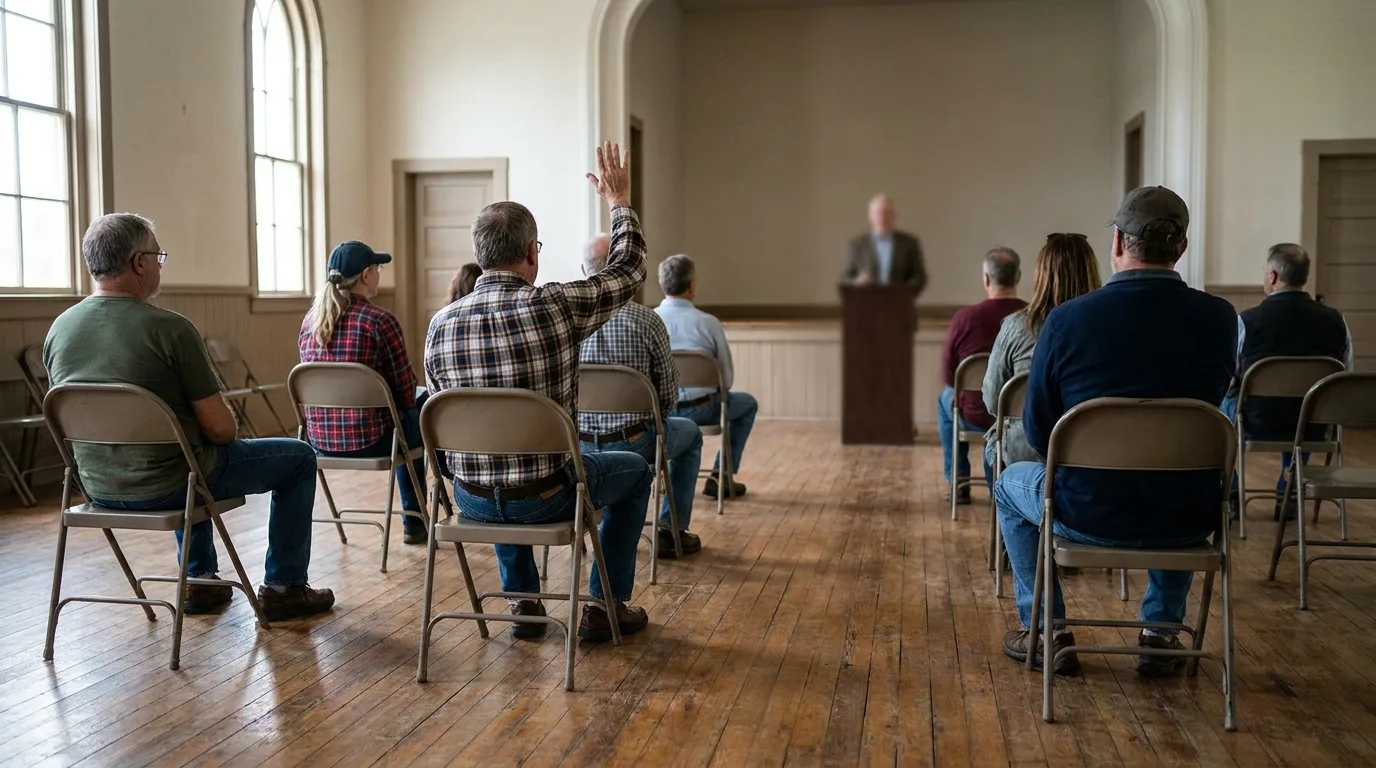 A small group of people seen from behind at a tidy community meeting in a town hall, with folding chairs and a raised hand