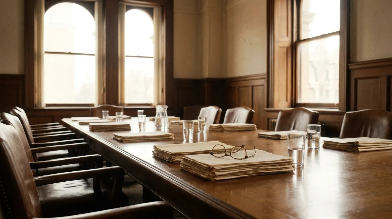 An empty boardroom with a long table, papers and reading glasses in morning light from tall windows