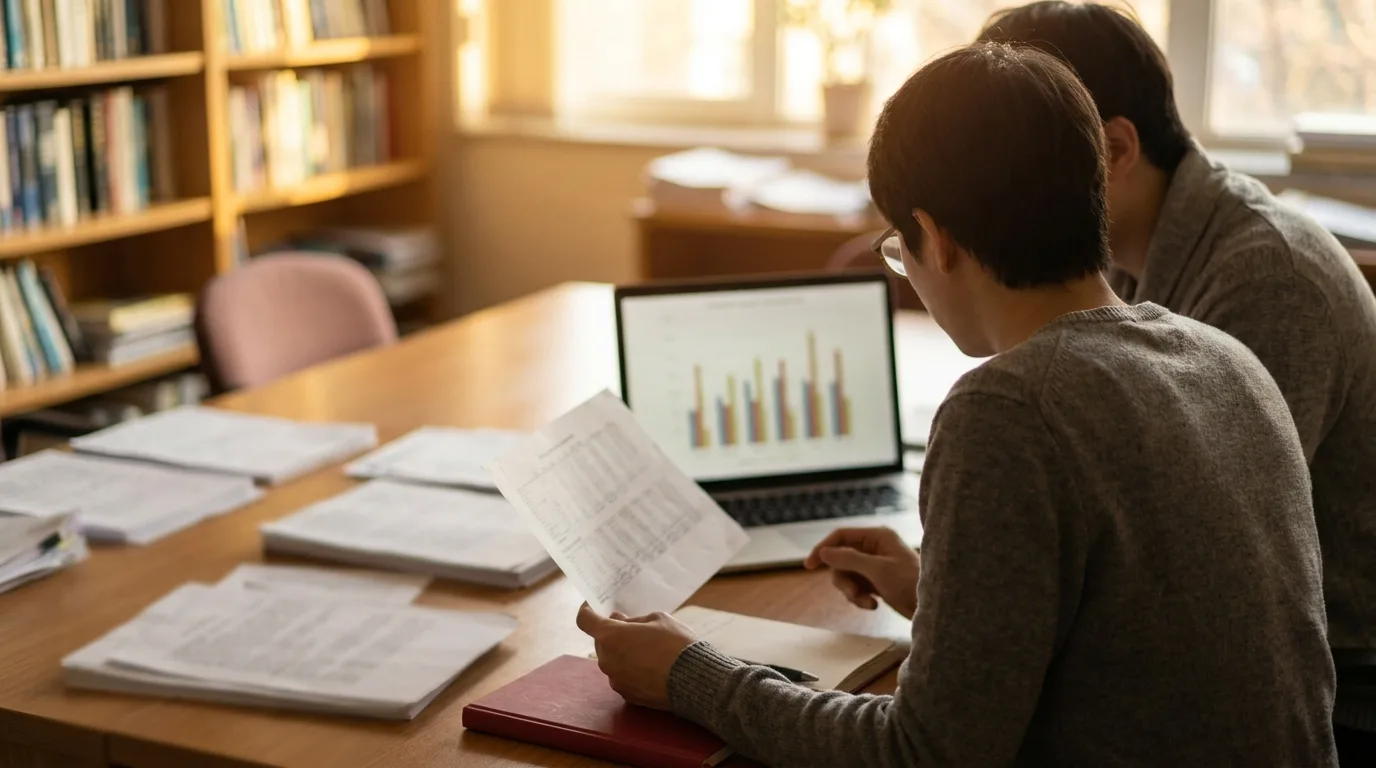 Two researchers comparing printed survey results with a bar chart on a laptop in a quiet university office, faces turned away