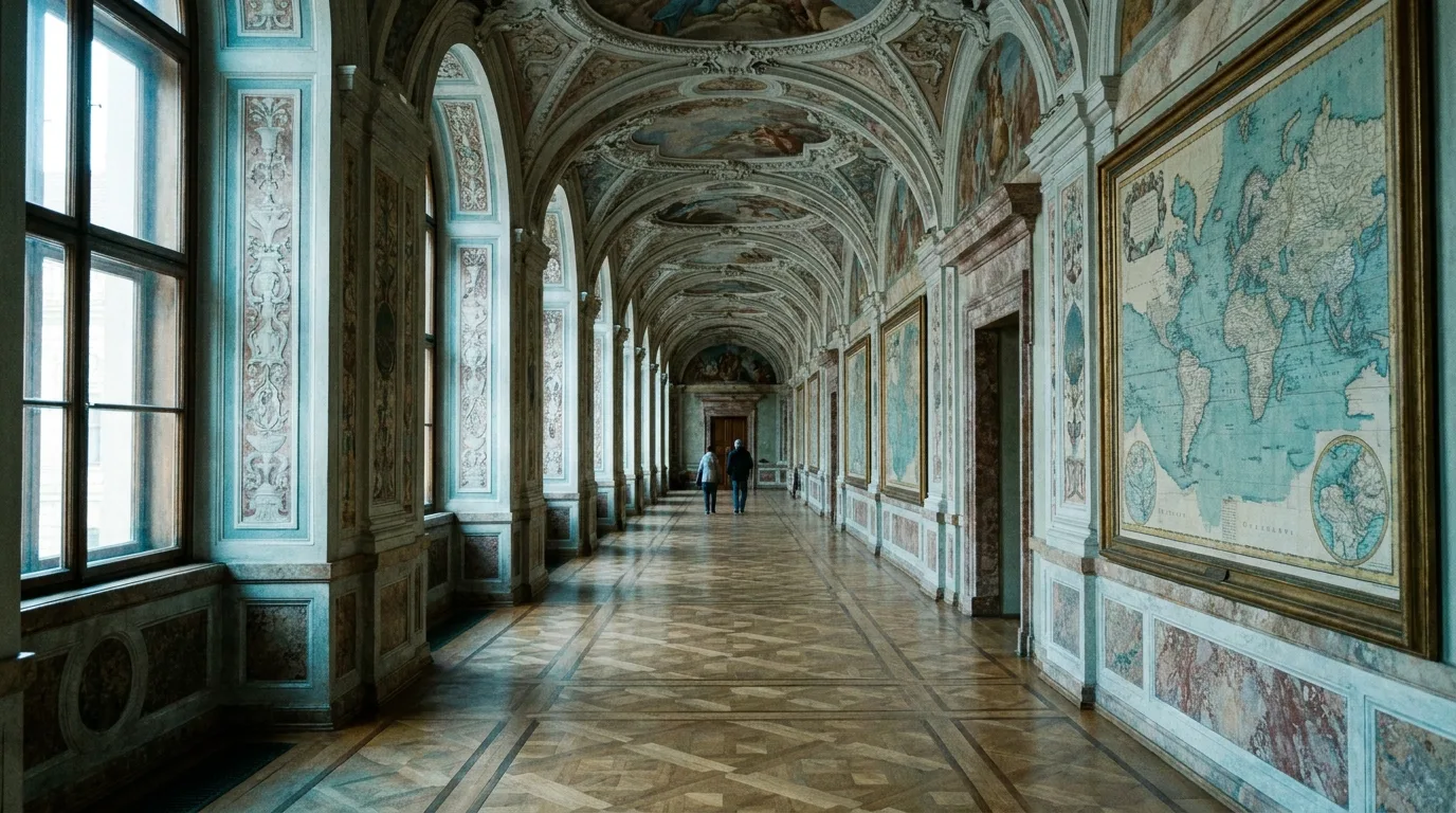 Langer Korridor eines europäischen Barockpalais mit hohen Fenstern und historischen Landkarten an den Wänden, zwei kleine Figuren in der Ferne