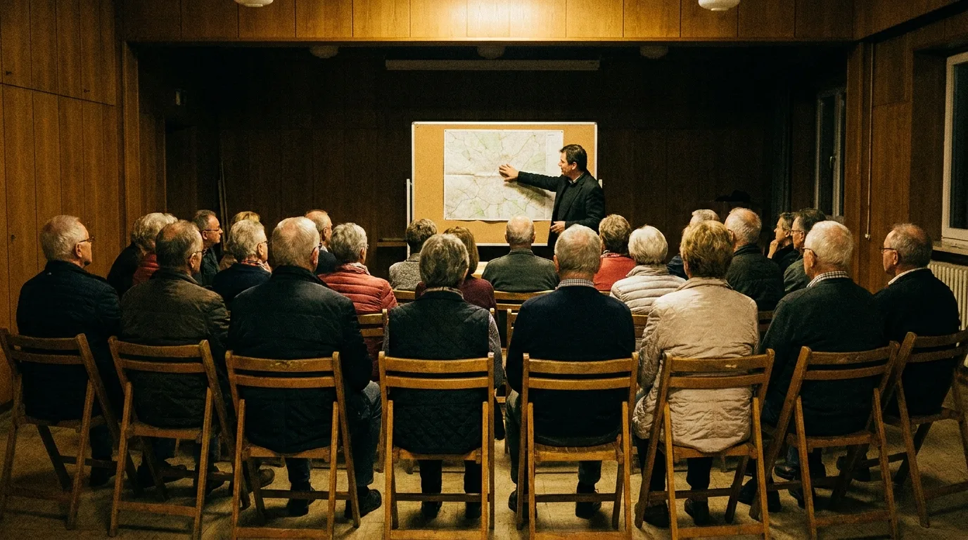 Bürgerinnen und Bürger diskutieren bei einer Versammlung im Gemeindesaal über ein lokales Anliegen