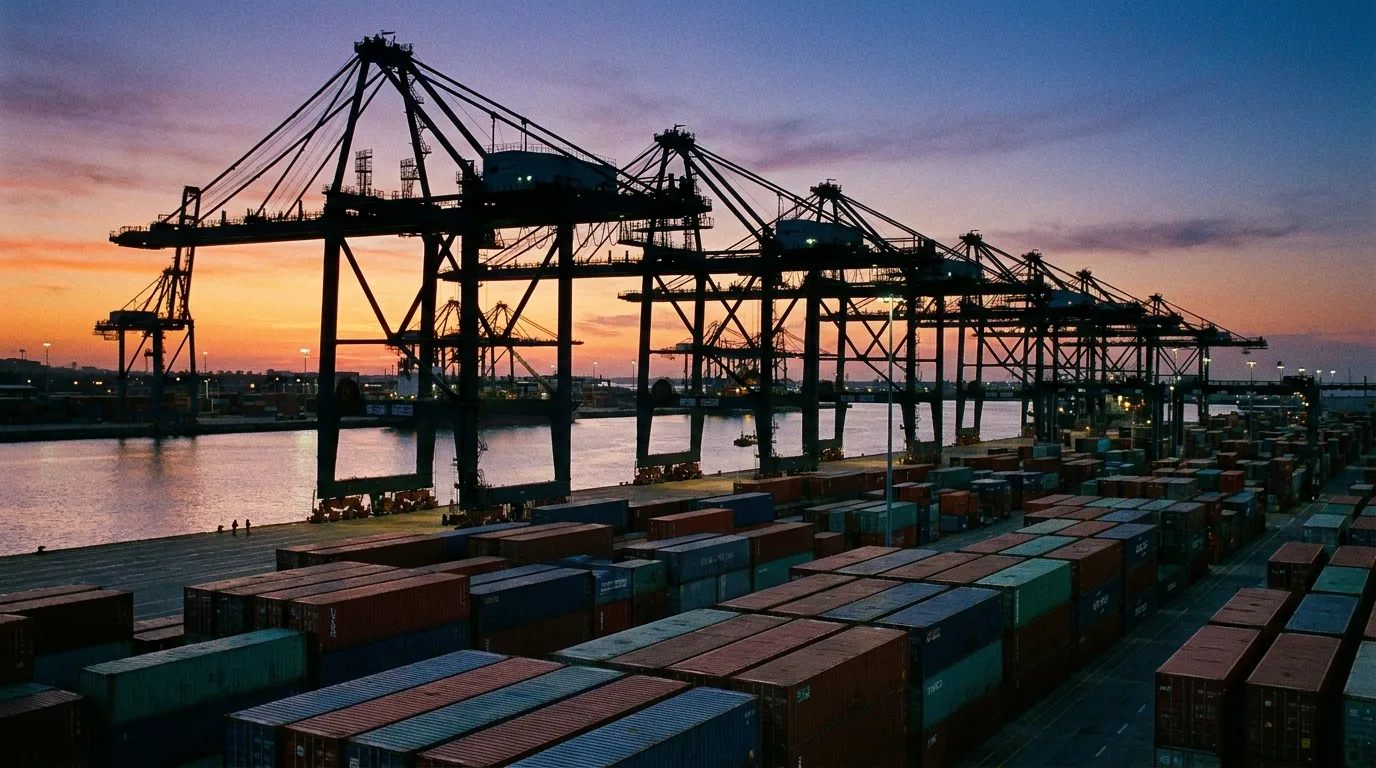 Containerhafen in der Abenddämmerung mit Kränen und gestapelten Containern, wenige kleine Gestalten am Kai