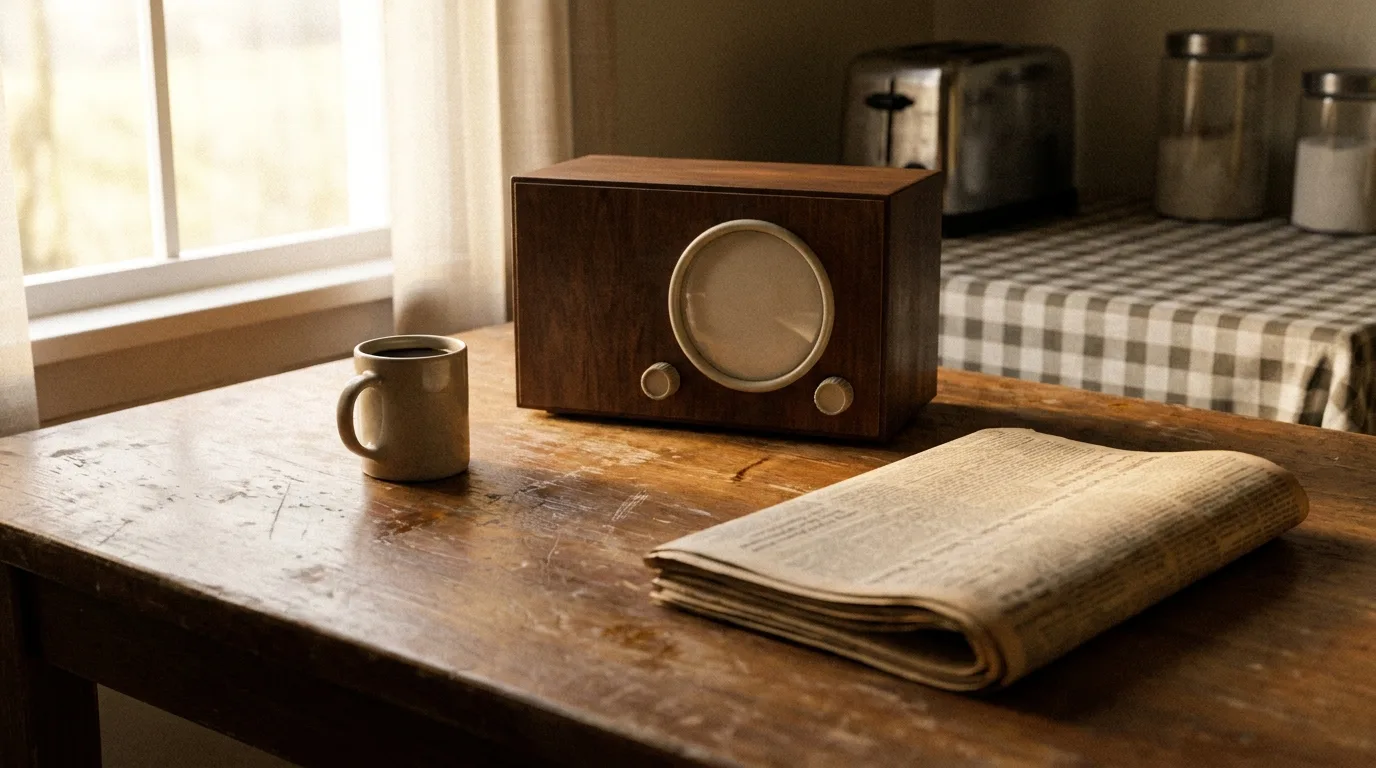 Holzradio auf einem Küchentisch in einem Haushalt der 1940er-Jahre, daneben Zeitung und Kaffeetasse