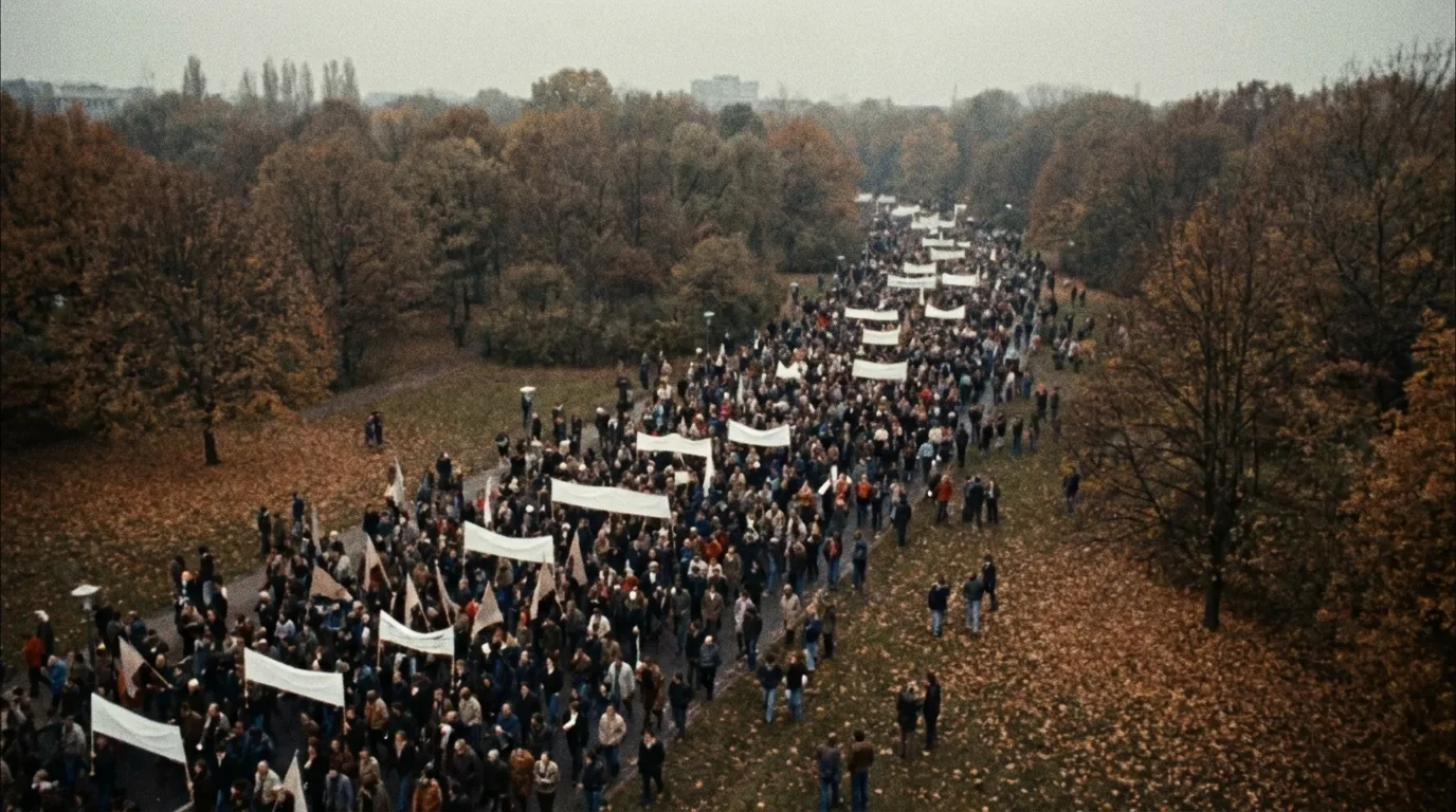 Großdemonstration der Friedensbewegung in einem Park im Herbst, aus der Ferne fotografiert, mit weißen Transparenten