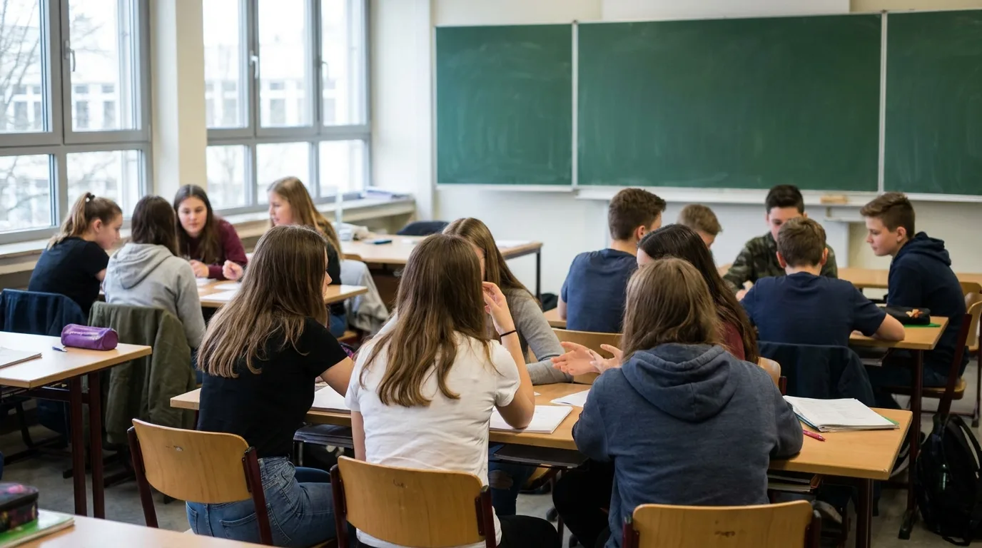 Jugendliche diskutieren im Klassenzimmer in kleinen Gruppen über Arbeitsblätter