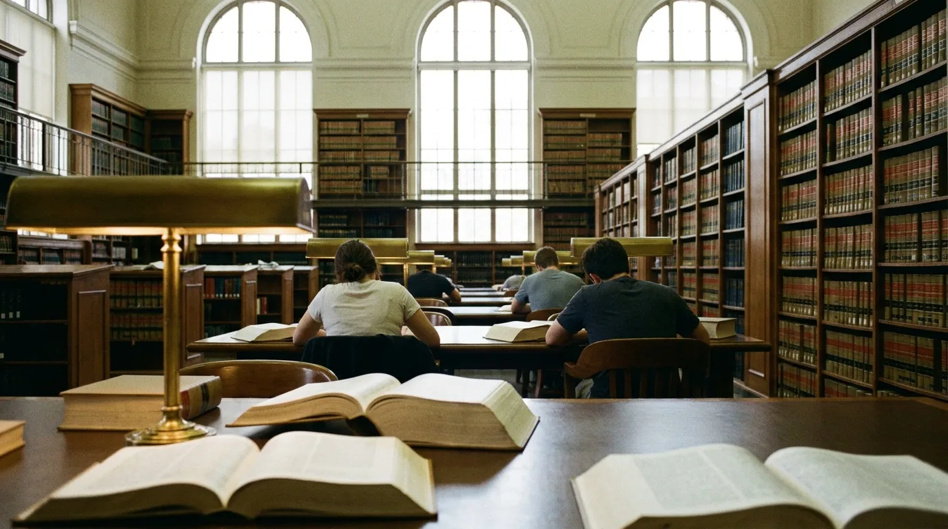 Jurastudierende sitzen von hinten gesehen in einem Bibliothekslesesaal über aufgeschlagenen Entscheidungssammlungen