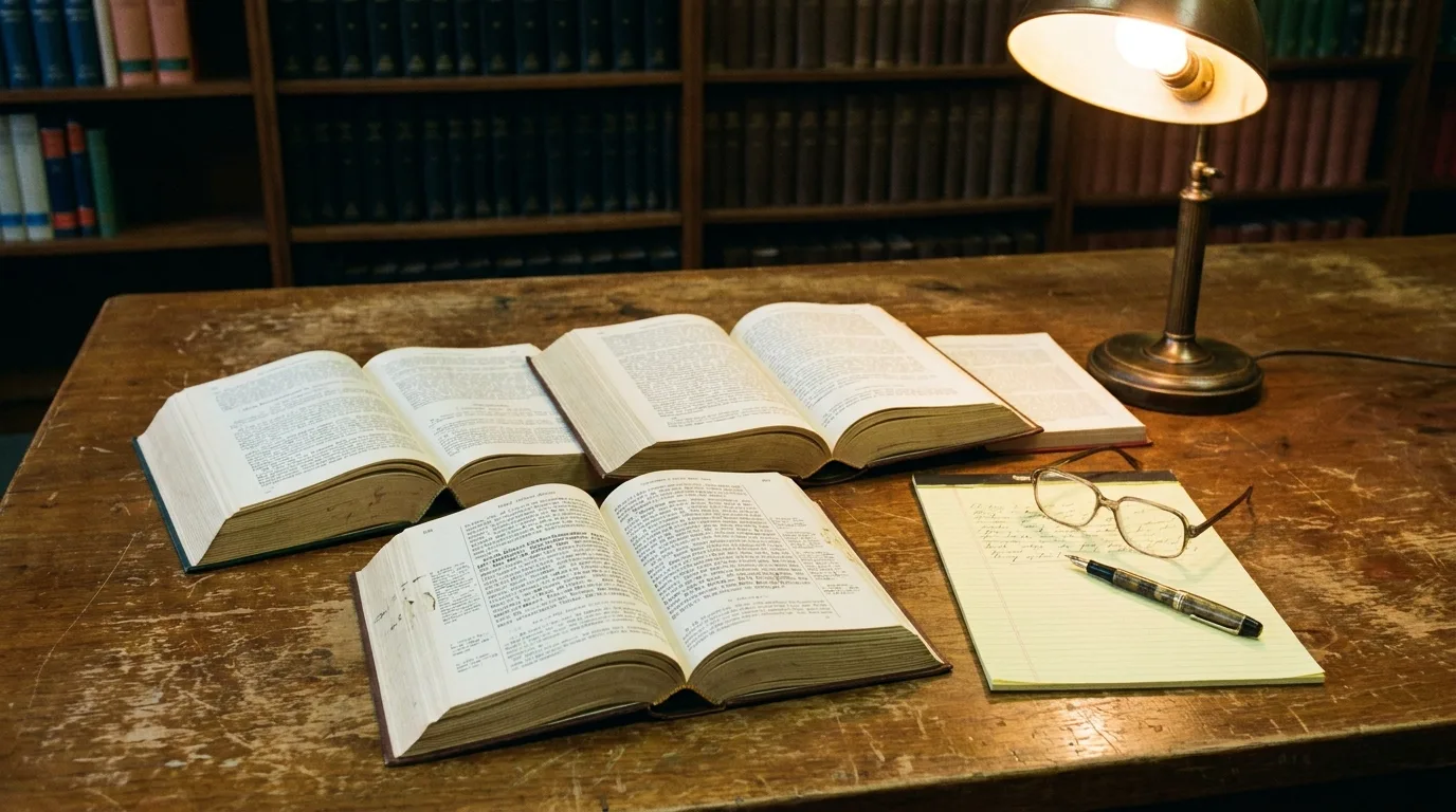 Bibliothekstisch mit aufgeschlagenen Gesetzbüchern, Notizblock und Lesebrille