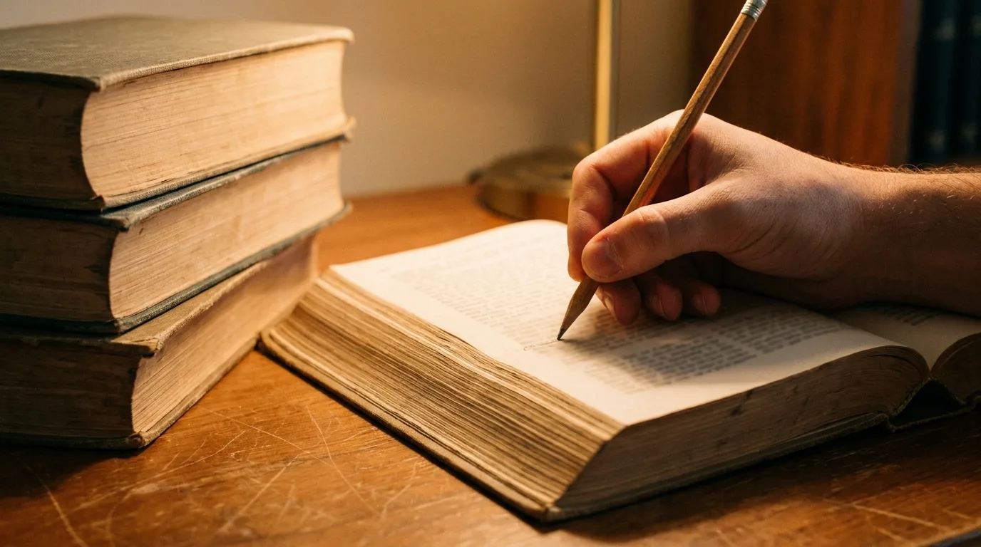 Hand markiert mit Bleistift eine Passage in einem dicken Gesetzbuch neben einem Stapel alter Wörterbücher