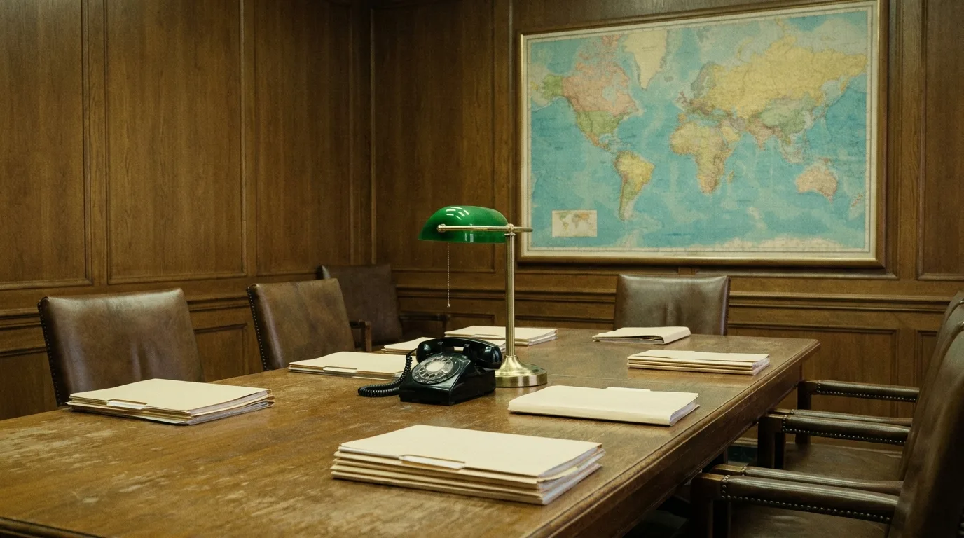 A Cold War era committee table with briefing papers, a world map on the wall and empty leather chairs