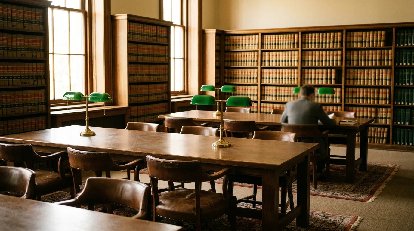 Lesesaal einer juristischen Bibliothek mit langen Holztischen, grünen Lampen und Regalen voller Entscheidungssammlungen