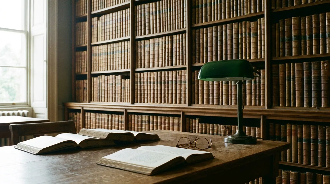 Eine lange Bibliothekswand mit alten Lederbänden zur politischen Philosophie, davor ein Lesetisch mit aufgeschlagenen Büchern im Tageslicht