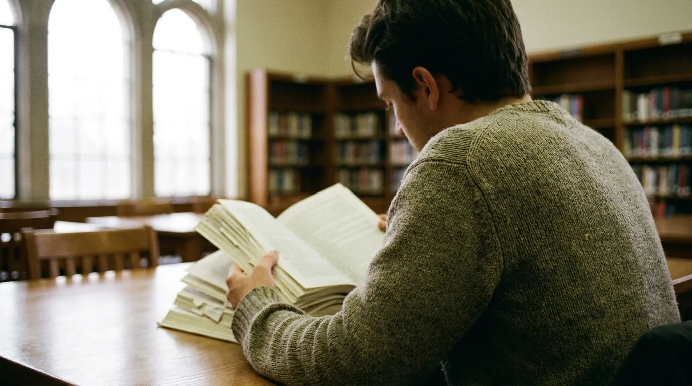 Person liest in einer ruhigen Bibliothek konzentriert in einem dicken gedruckten Band