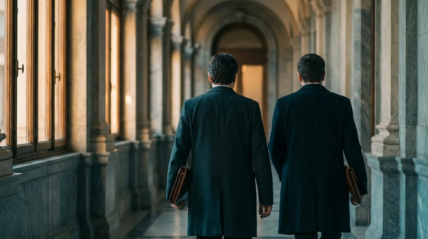 Two diplomats seen from behind walking with folders through a marble colonnade of a government building