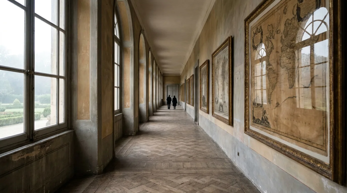 Historic European palace corridor with tall windows and framed antique maps on the wall, two small figures in the distance