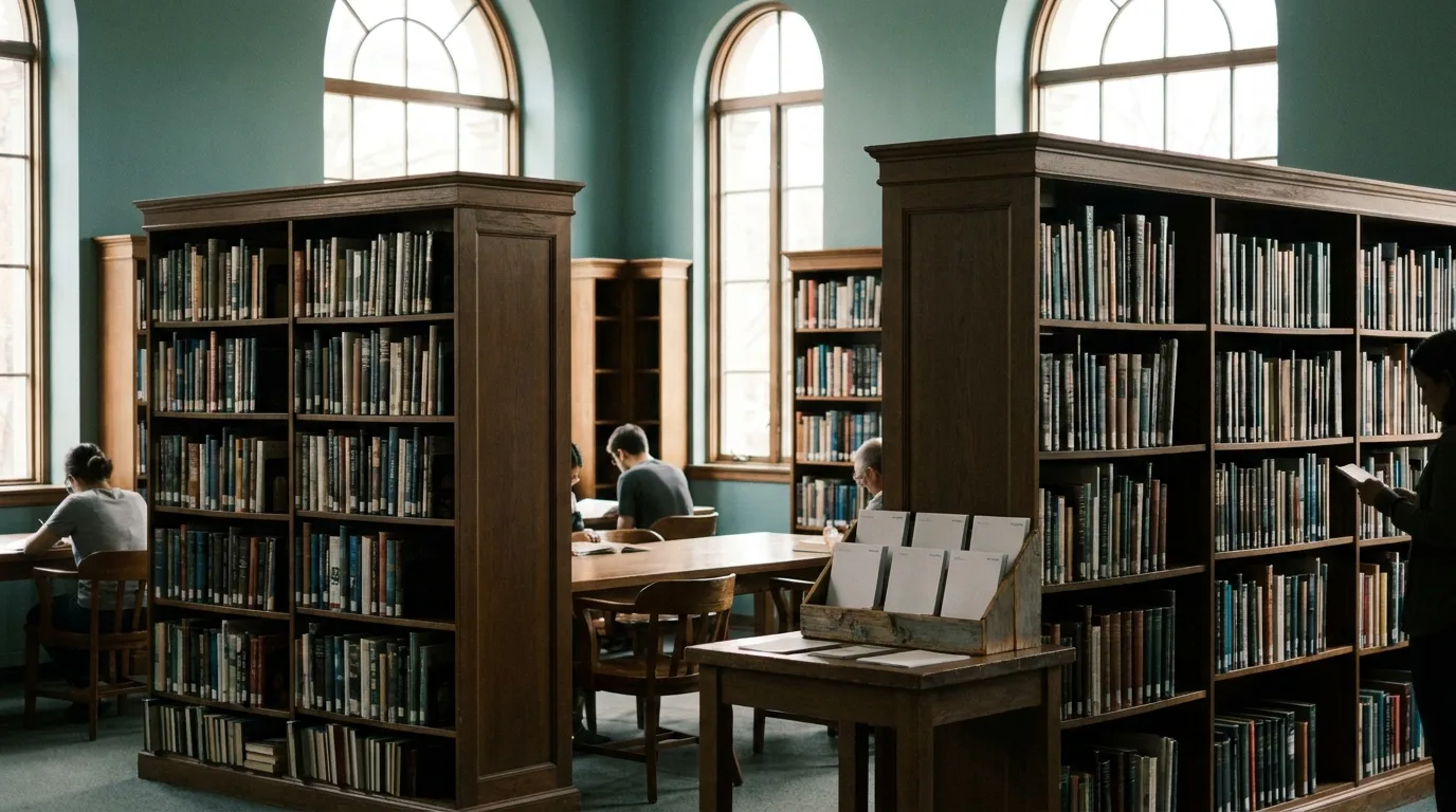 Visitors browsing books and language course flyers in the library of an international cultural institute