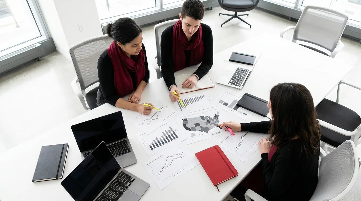 Researchers reviewing charts and data on a large table during a policy analysis workshop