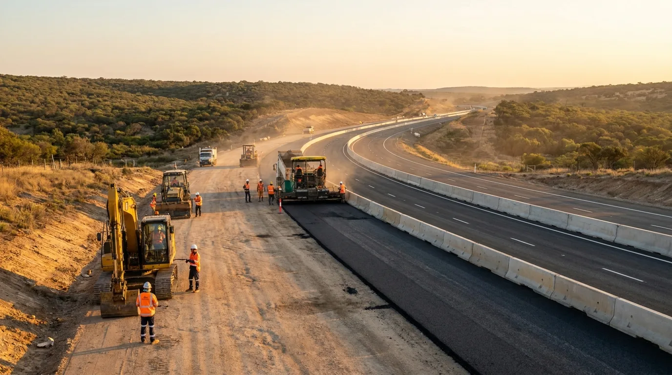 A highway construction site with paving machines and workers in safety vests in late afternoon light, a classic example of public works spending