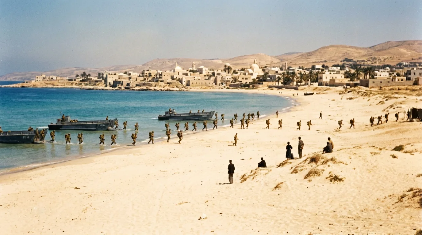 US-Marines in Uniformen der 1950er Jahre gehen aus der Ferne gesehen an einem breiten Sandstrand an Land