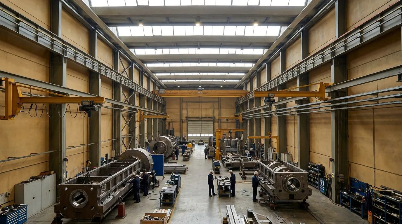 Blick von weitem in eine helle Fabrikhalle, in der Beschäftigte Maschinen montieren