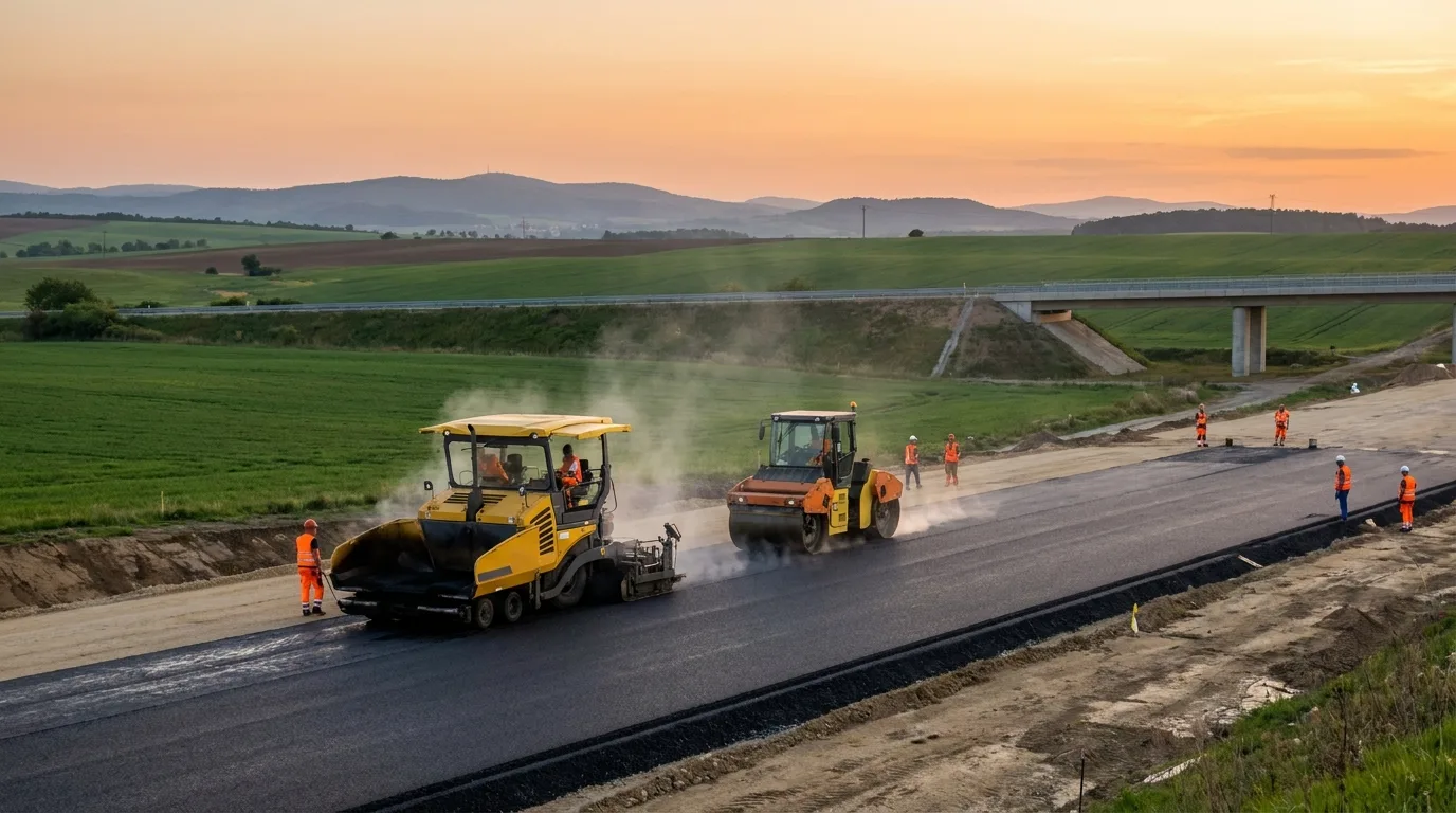 Großbaustelle einer Autobahn mit Asphaltiermaschinen und Arbeitern in Warnwesten im Abendlicht