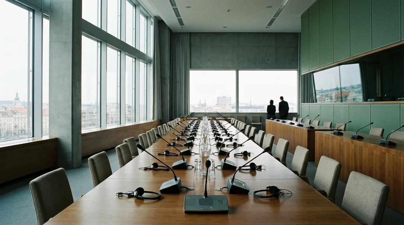 Leerer Konferenzsaal mit langem Verhandlungstisch, Dolmetscherkopfhörern und Wassergläsern, zwei kleine Gestalten am Fenster im Hintergrund