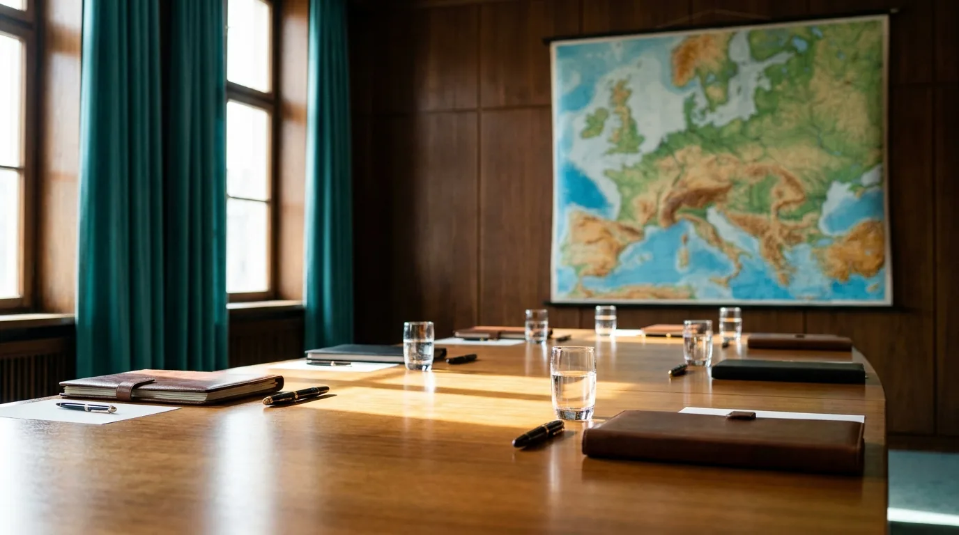 Ein leerer Verhandlungstisch mit Füllfederhaltern, Dokumentenmappen und einer Europakarte an der Wand eines holzvertäfelten Raums