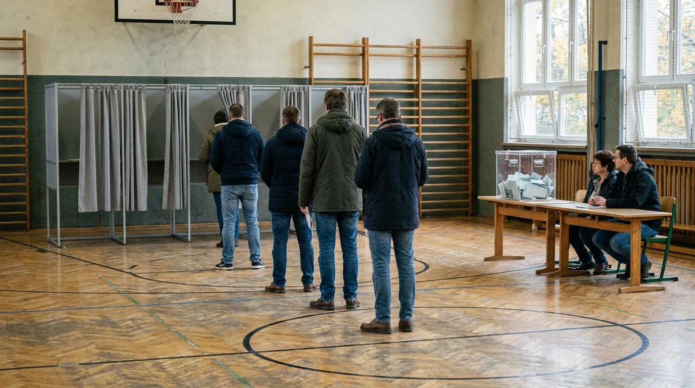 Wähler stehen in einer Schulturnhalle vor Wahlkabinen an, daneben eine durchsichtige Wahlurne am Tisch der Wahlhelfer