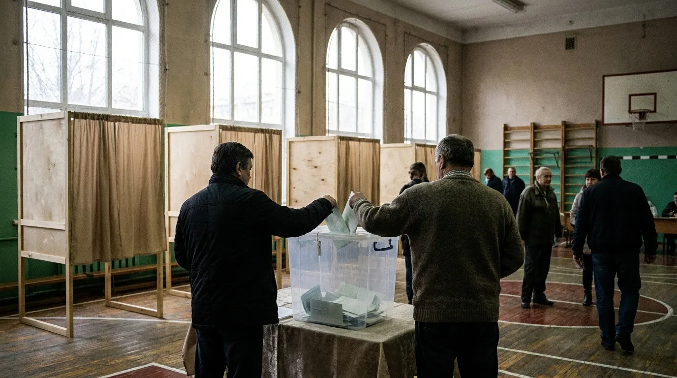 Zwei Wähler werfen in einem Wahllokal in einer Turnhalle ihre Stimmzettel in eine durchsichtige Urne, daneben Wahlkabinen aus Holz, von hinten fotografiert